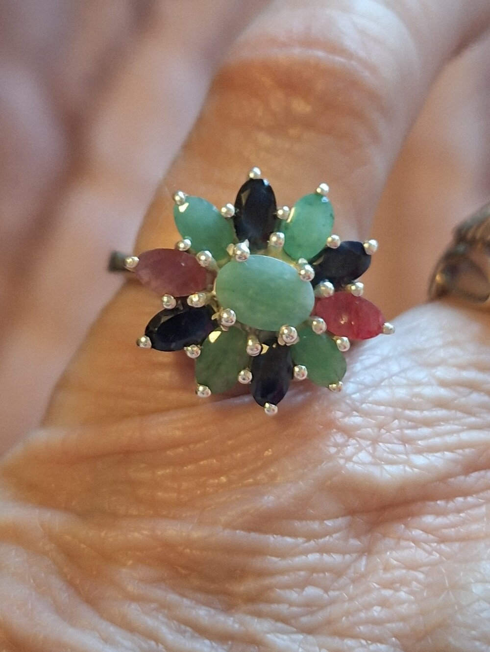 Multi-Gem Flower Ring - Green, Red & Blue